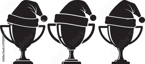 Three trophies wearing santa hats celebrating holiday victories silhouette