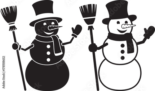 Two festive snowmen with top hats and brooms silhouette