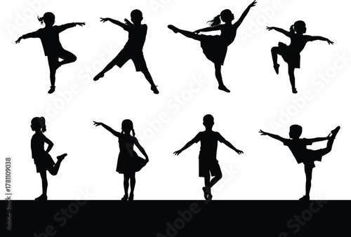 Child dance silhouette, gymnastic pose, expressive movement, black outline, minimal art, flexibility, balance, performing arts, physical activity, body motion