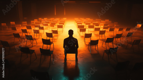 Human silhouette surrounded by glowing empty chairs