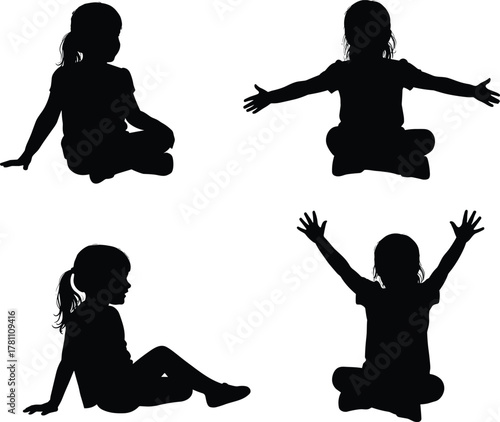 Child silhouette poses, seated posture, expressive gesture, cross-legged, raised arms, minimal art, black outline, emotional moment, nonverbal communication study
