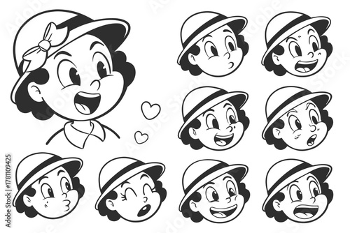 Cartoon Boy Faces with Hats in Black and White Outline Vintage Style with Various Expressions