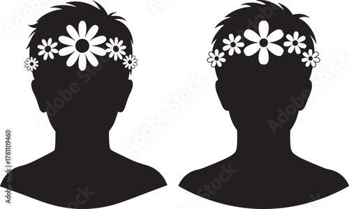 Two black silhouettes of heads adorned with white daisy flower crowns