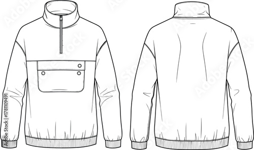 Pullover jacket technical sketch, front and back view, casual outerwear design, vector fashion template, garment illustration, elastic cuff detail, zipper collar