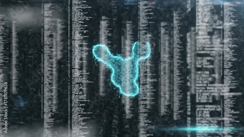 Glowing blue abstract form depicted within a digital stream of code and data on a futuristic screen
