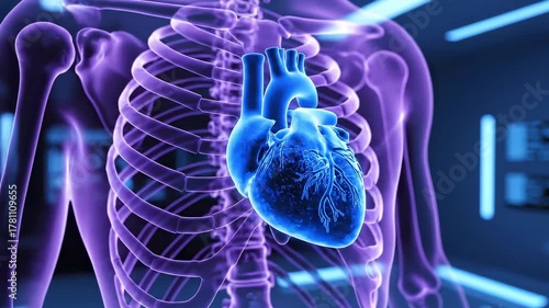 Glowing blue human heart shown within translucent purple skeletal anatomy and body in a medical science visualization