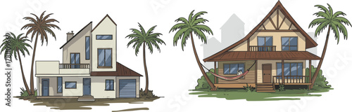 Tropical beach houses with palm trees and hammocks, modern and wooden vacation cottages by the sea, summer holiday illustration