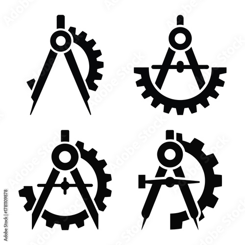 Four black silhouettes of compasses and gears