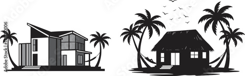 Modern and traditional tropical beach houses with palm trees and hammock silhouette, seaside vacation illustration, island paradise vector design art