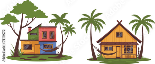Colorful tropical houses with palm trees and hammock, relaxing summer vacation illustration, beach resort home vector, exotic paradise design art
