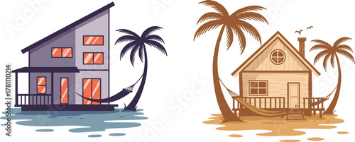 Tropical beach houses with palm trees and hammock, relaxing seaside vacation illustration, summer holiday home vector, ocean paradise design art