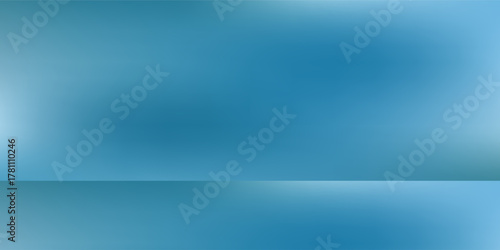Panoramic abstract blue background for product presentation with sunlight and blurred shadows wall. Winter background.