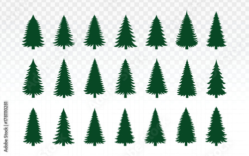 Extensive set of detailed green pine and fir tree graphics in multiple styles. Ideal for Christmas themes, winter holidays, outdoor projects, park maps, camping, or natural forest backgrounds.