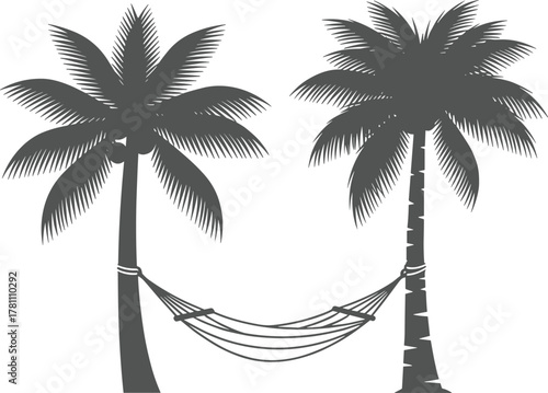 Tropical palm trees with hammock silhouette, relaxing summer beach design, vacation concept, coconut palm illustration, tropical paradise background vector art