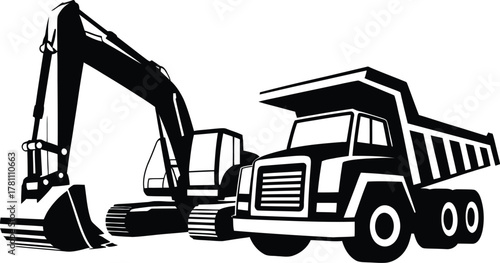 Excavator and dump truck construction silhouette