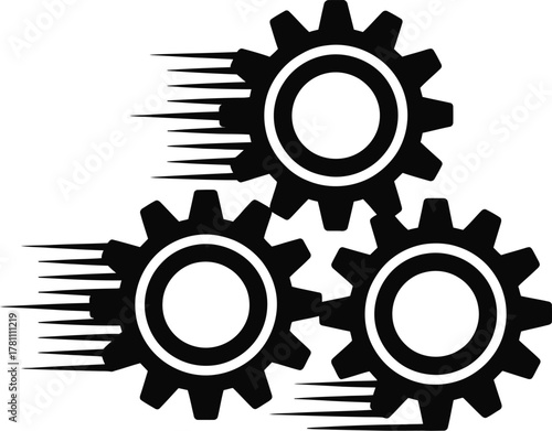 Three interlocking gears in motion silhouette