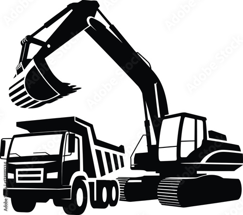 Construction excavator and dump truck silhouette