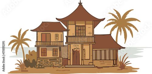 Traditional tropical wooden beach house with palm trees, Asian style roof, ocean background, rustic architecture, summer resort illustration