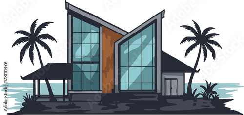 Modern tropical beach house with glass walls, palm trees, ocean view, contemporary coastal architecture, luxurious seaside home illustration