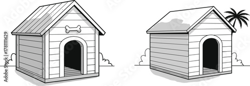 Black and white wooden dog houses with entrance door, outdoor pet kennel illustration, simple minimal design for pet shelter concept