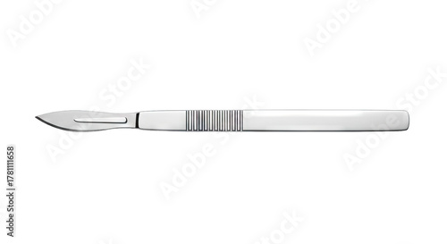 Sharp surgical scalpel with a metal handle on a white background.