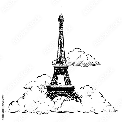 Eiffel tower sketch surrounded by clouds in black and white with detailed line work and shading style