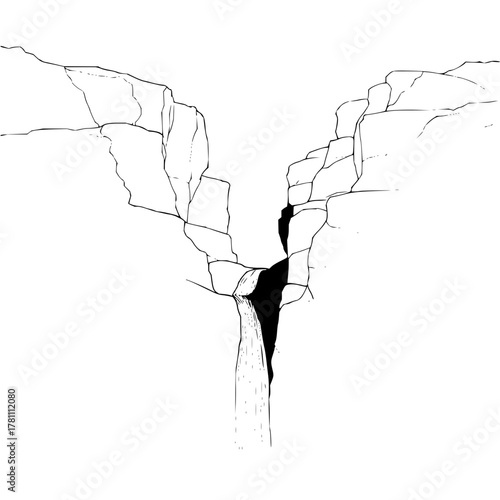 Illustration of a deep gorge with steep rocky cliffs and a waterfall flowing down into the darkness