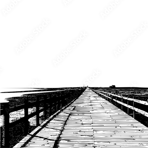 A long wooden pier stretches across a marsh landscape with a distant building under a bright sky horizon