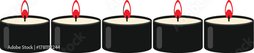 Five minimalist lit black tea light candles in a neat row, simple graphic illustration design.