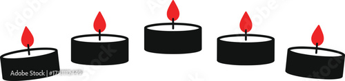 Simple illustration of five burning black tea light candles with red flames, minimalist concept art