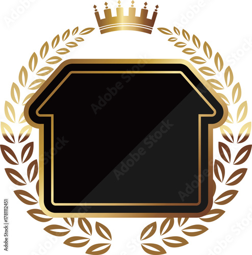 高級感のある家と月桂冠のフレーム　ブラック＆ゴールド