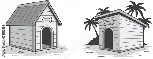 Black and white wooden dog houses illustration with tropical palm trees, beach background, simple design, pet shelter vector art