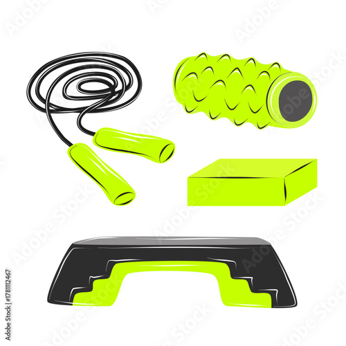 Vector set of fitness accessory for stretching, balance training, pilates, and yoga studio design. Yoga block, step platform, skipping rope and foam roller isolated on white background.
