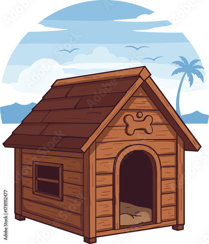 Wooden dog house with tropical beach background, cozy pet shelter, palm tree, blue sky and summer outdoor illustration design