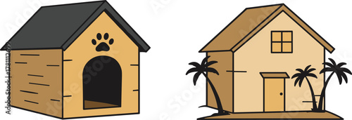 Dog house and tropical family home illustration, wooden pet shelter beside palm tree beach house, cozy domestic architecture concept