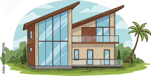 Modern tropical beach villa with large glass windows, luxury summer house illustration, coastal contemporary architecture surrounded by palm trees