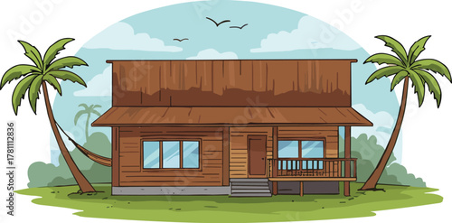 Tropical wooden beach house with palm trees and hammock, summer vacation cottage illustration, relaxing coastal seaside bungalow background design