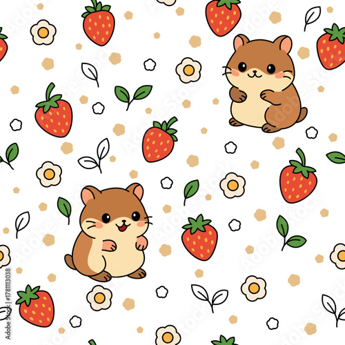 Cute hamster with strawberries and flowers. Funny seamless pattern