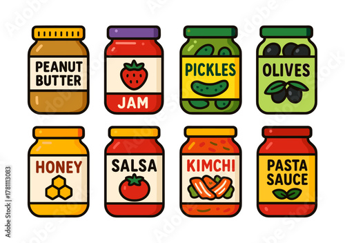 Colorful jar collection featuring popular condiments and preserves in modern flat design