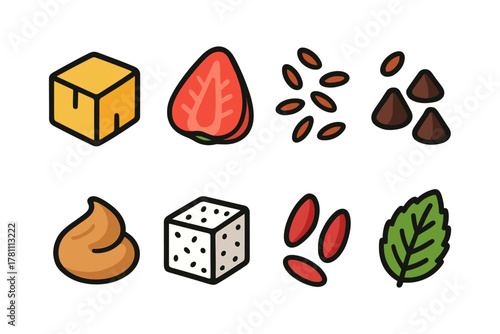 Colorful flat icons of nuts, berries, and herbs for culinary design