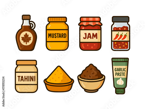 Collection of condiment containers in modern flat design on white background