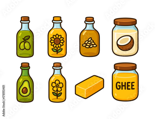 Colorful collection of cooking oils and butters with hand-drawn style