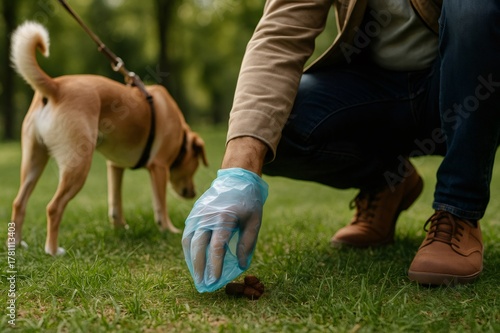 Man cleaning dog poop waste in park using bag