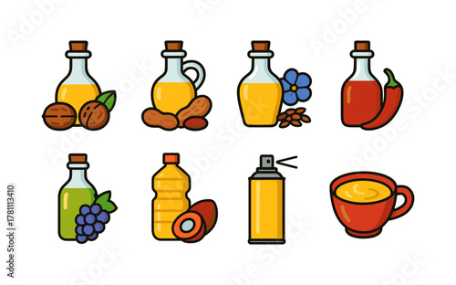 Colorful icons of various oils and condiments in modern flat style