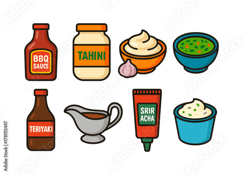 Colorful collection of popular condiments in fun cartoon style