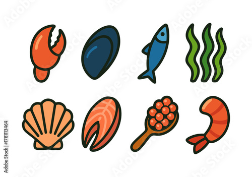 Colorful seafood icons: crab, shrimp, mussel, fish, seaweed, shell, salmon, roe