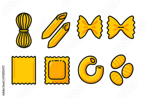 Colorful italian pasta set: iconic noodles in bold flat design