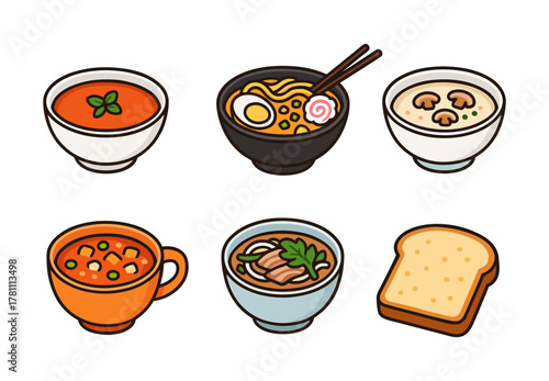Colorful flat icons of popular soups and bread in bowls