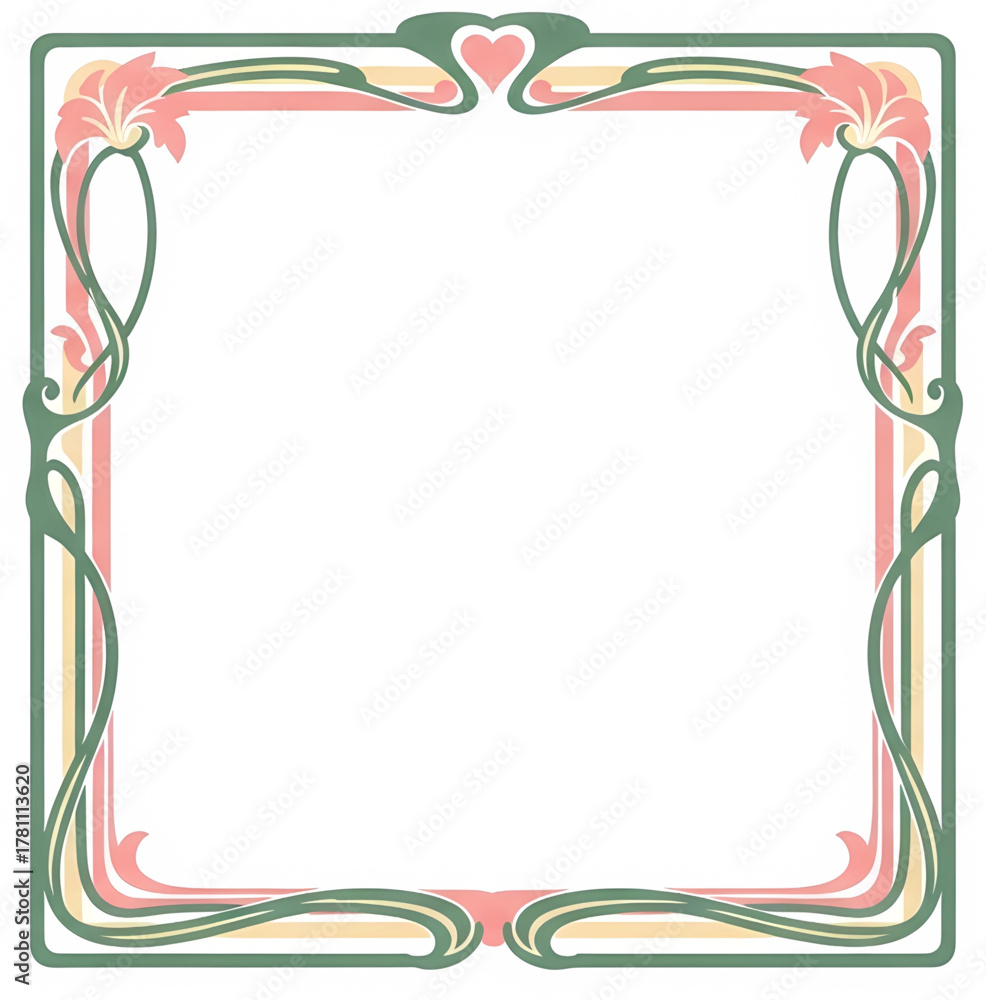 Obraz premium Square Art Nouveau frame with elegant stylized flowers, flowing lines, and a heart motif in soft pastel pink, sage green, and yellow.