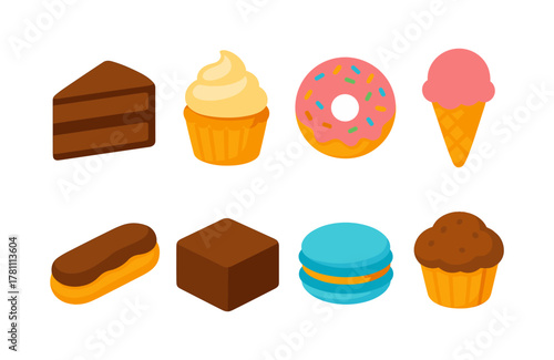 Colorful sweet treats collection: cakes, donuts, and ice cream in flat design